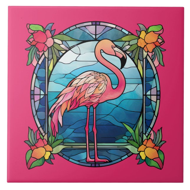 cute faux stained glass pink flamingo  ceramic tile (Front)