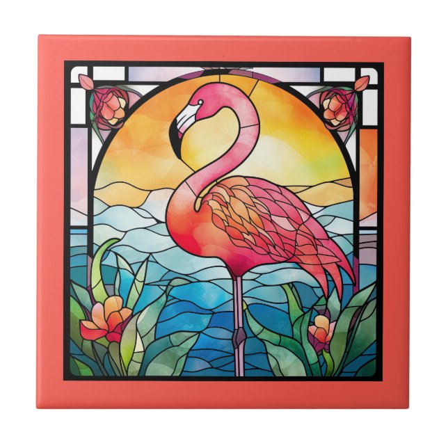 cute faux stained glass pink flamingo  ceramic tile (Front)