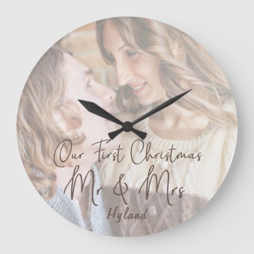 Cute Faux Vellum First Christmas As Mr  Mrs Photo Large Clock