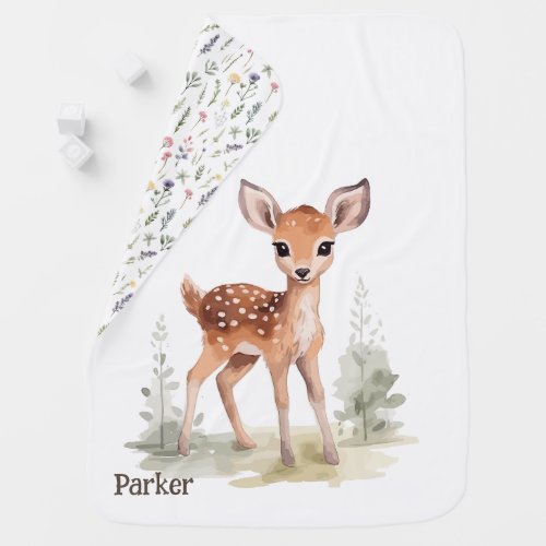 Cute Fawn Baby Deer Woodland Animal Monogram Baby Blanket