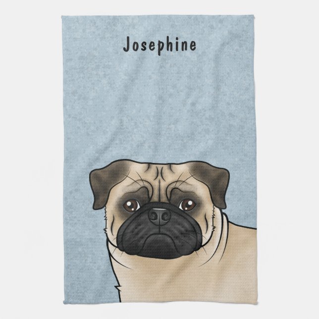 Cute Fawn Cartoon Pug Head Close-Up And Name Blue Kitchen Towel (Vertical)
