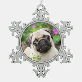 Cute Fawn Colored Pug Puppy Dog Face Pet Photo - Snowflake Pewter Christmas Ornament