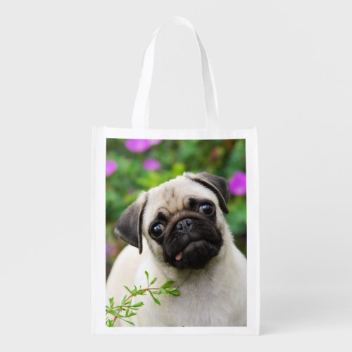 Cute Fawn Colored Pug Puppy Dog Portrait reuseable Grocery Bag