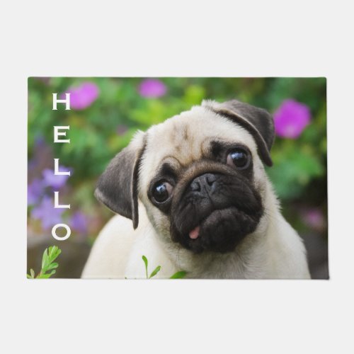 Cute Fawn Colored Pug Puppy Personalized Hello Doormat