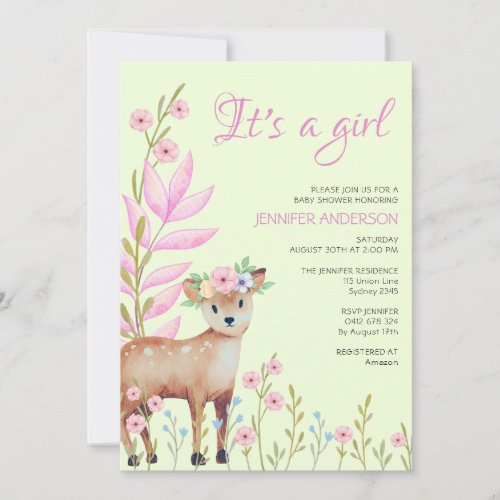 Cute Fawn Forest Deer Baby Shower Girl Invitation