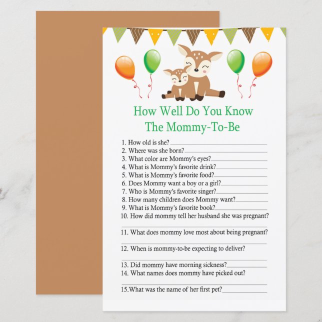 Cute fawn How well do you know baby shower game (Front/Back)