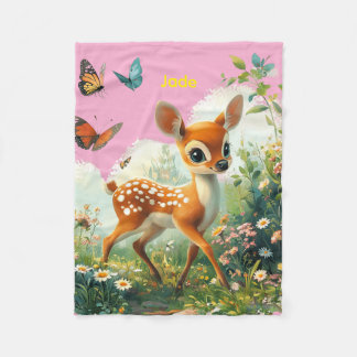 Cute Fawn in Flower Field Fleece Blanket