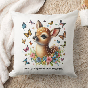Cute Fawn Looks at Butterflies in the Meadow Throw Pillow
