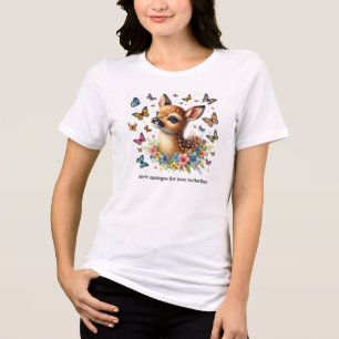 Cute Fawn Looks at Butterflies in the Meadow Tri-Blend Shirt