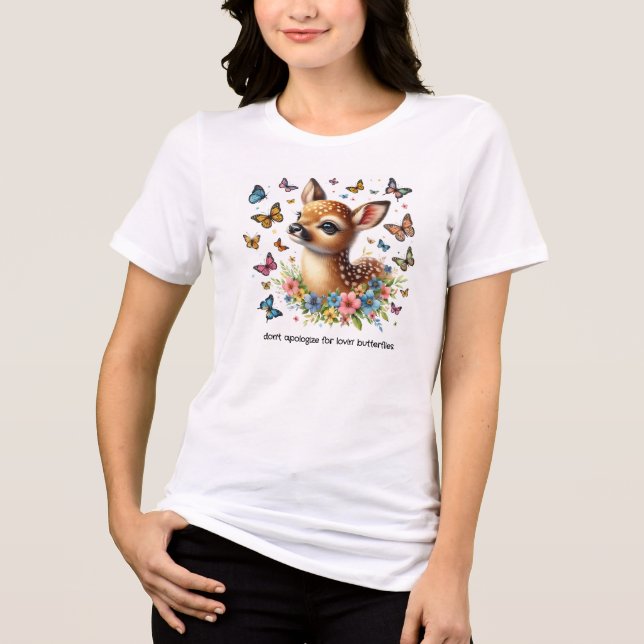 Cute Fawn Looks at Butterflies in the Meadow Tri-Blend Shirt (Front)
