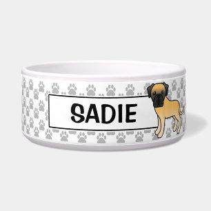 Cute Fawn Old English Mastiff Dog And Dog's Name Bowl