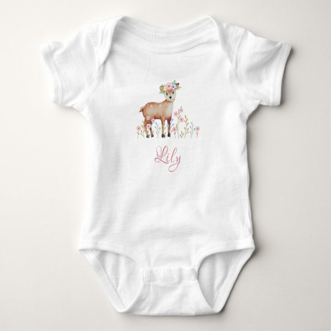 Cute Fawn Personalized Baby Girl Jersey Bodysuit (Front)