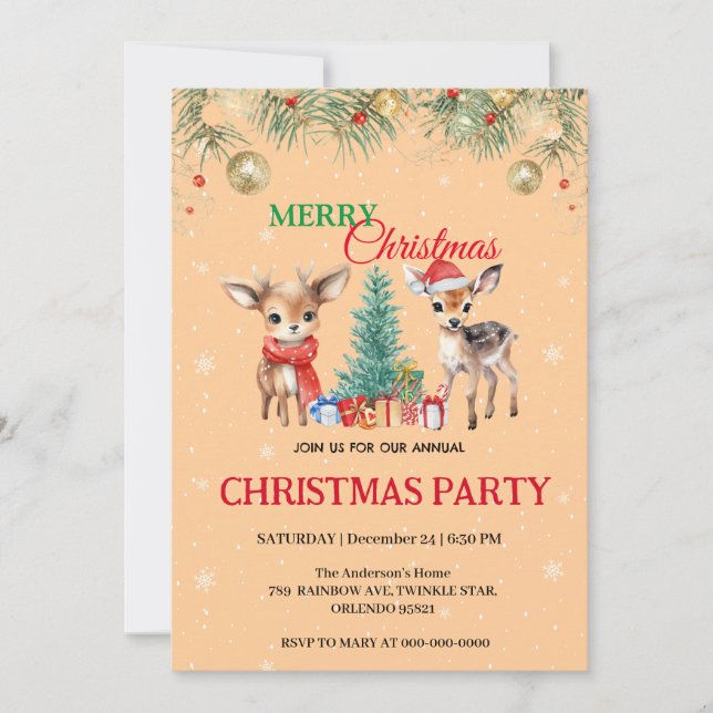 Cute Fawn reindeer Santa MERRY Christmas Party Invitation (Front)