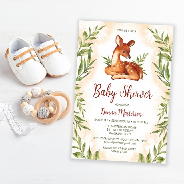 Cute Fawn Watercolor Botanical Baby Shower Invitation (Creator Uploaded)