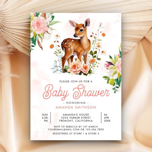 Cute Fawn Watercolor Floral Deer Baby Shower Invitation