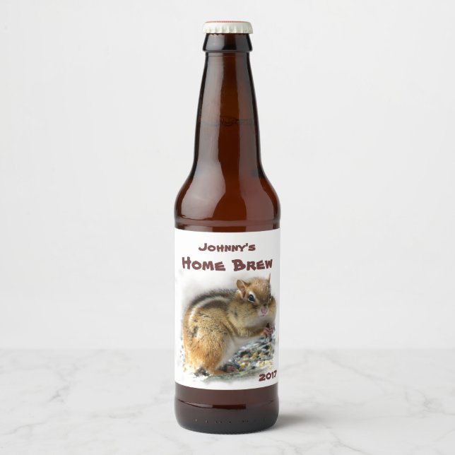 Cute Feasting Chipmunk Animal Beer Label (Front)