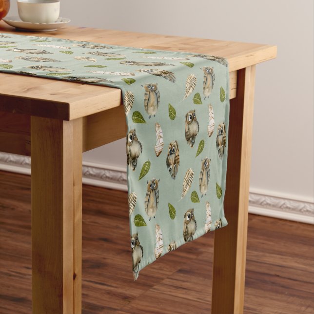 Cute Feather Owls Pattern on Sage Green Short Table Runner (In Situ)