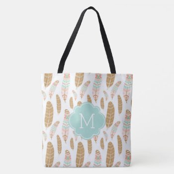 Cute Feathers Monogrammed Tribal Inspired Pattern Tote Bag by heartlockedcases at Zazzle