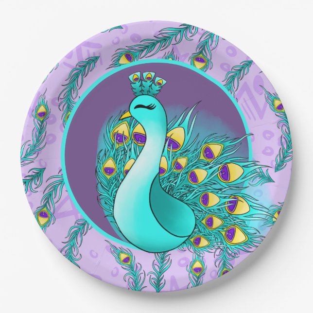 Cute feathers peacock party paper plates (Front)