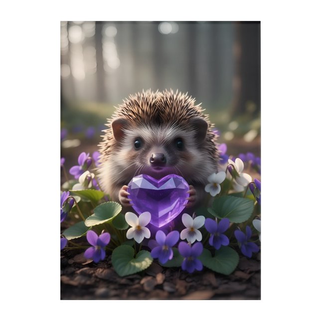 Cute February Hedgehog with Amethyst Heart Acrylic Print (Front)