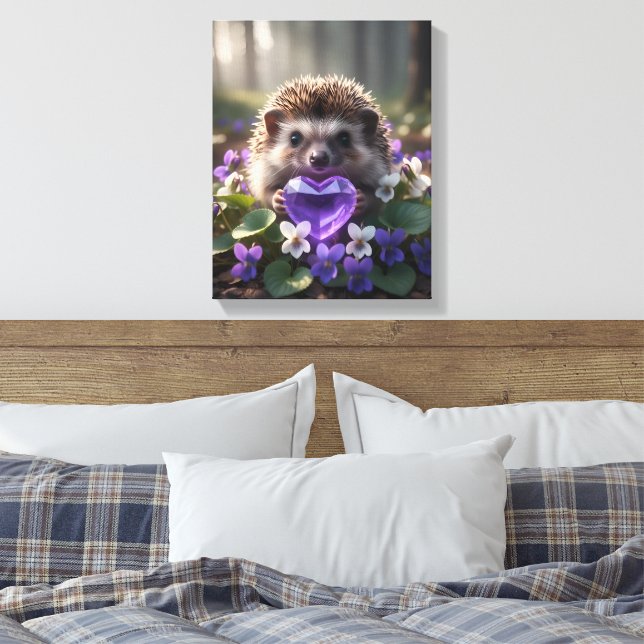 Cute February Hedgehog with Amethyst Heart Canvas Print (Insitu(Bedroom))