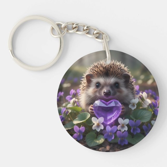 Cute February Hedgehog with Amethyst Heart Keychain (Front)