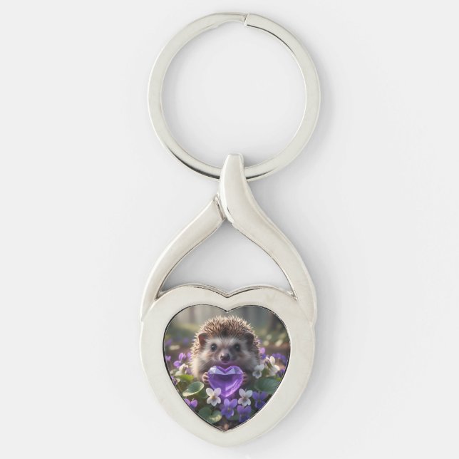 Cute February Hedgehog with Amethyst Heart Keychain (Front)