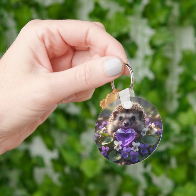 Cute February Hedgehog with Amethyst Heart Keychain (Hand)