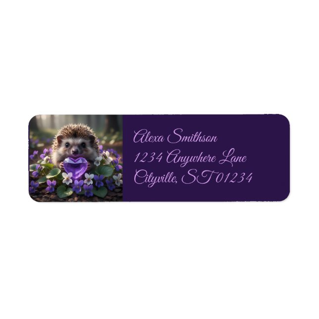 Cute February Hedgehog with Amethyst Heart Label (Front)