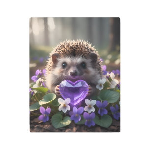 Cute February Hedgehog with Amethyst Heart Metal Print