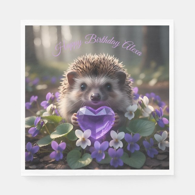 Cute February Hedgehog with Amethyst Heart Napkins (Front)
