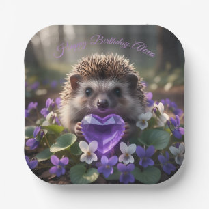 Cute February Hedgehog with Amethyst Heart Paper Plates