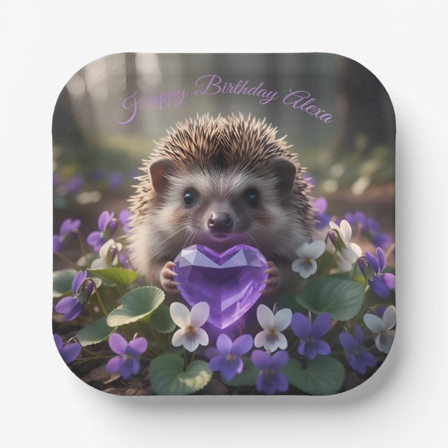 Cute February Hedgehog with Amethyst Heart Paper Plates (Front)