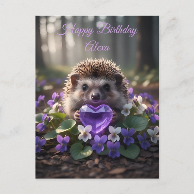 Cute February Hedgehog with Amethyst Heart Postcard (Front)