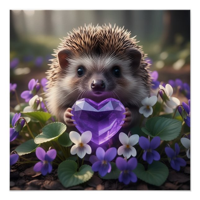 Cute February Hedgehog with Amethyst Heart Poster (Front)