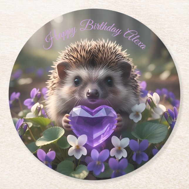 Cute February Hedgehog with Amethyst Heart Round Paper Coaster (Front)