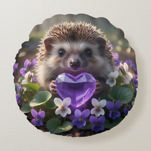 Cute February Hedgehog with Amethyst Heart Round Pillow (Front)
