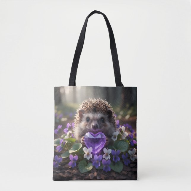 Cute February Hedgehog with Amethyst Heart Tote Bag (Front)