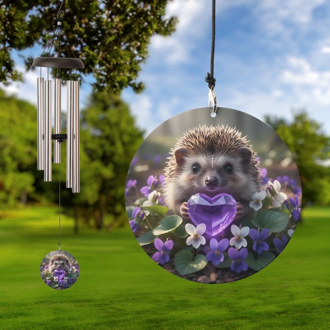 Cute February Hedgehog with Amethyst Heart Wind Chime (Outdoor)