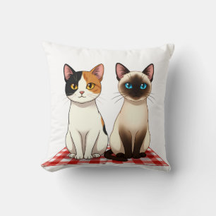 Cute Felines on Red Checkered Blanket Throw Pillow