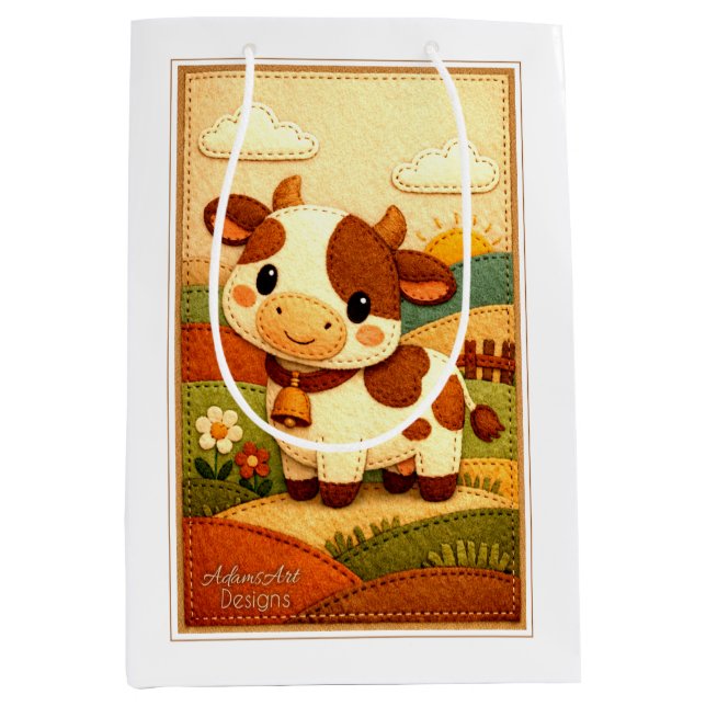 Cute Felt Cow Farm Scene Medium Gift Bag (Front)