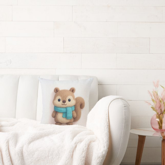Cute Felt Squirrel Wearing a Cozy Scarf Throw Pillow (Couch)