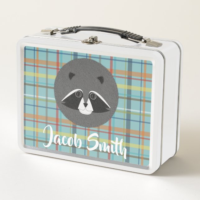 Cute Felt Woodland Raccoon Face Metal Lunch Box (Front)