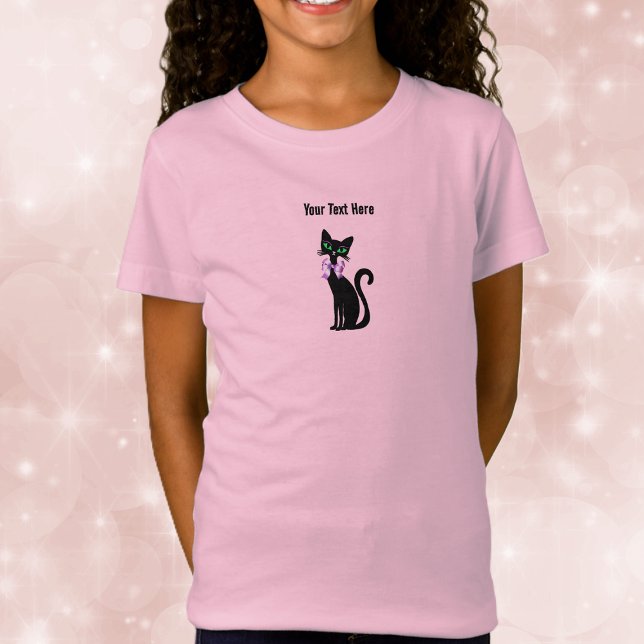 Cute Female Black Cat Pink Bow Green Eyes T-Shirt (cute black cat green eyes wearing pretty pink bow on kids tee shirt.)