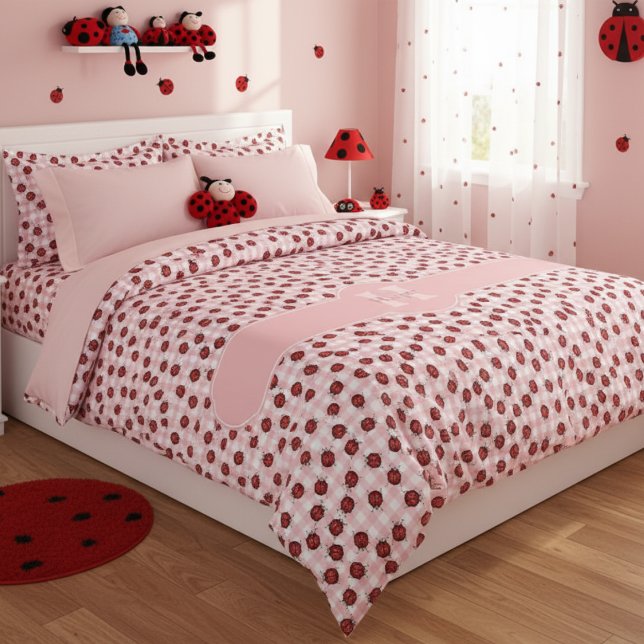 Cute Feminine Blush Pink Ladybug Pink Gingham Name Duvet Cover (Cute Insects Duvet Cover for Little Girl. Girly Ladybug, Pink and White Gingham Pattern for Kids)