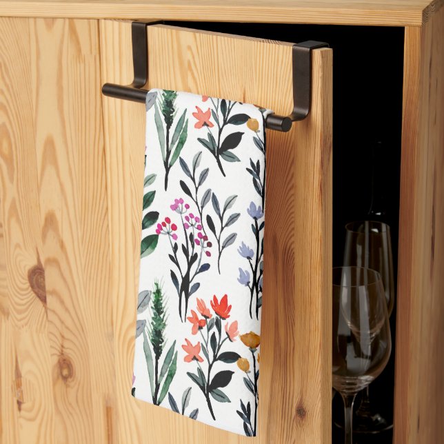 Cute feminine floral design pattern Foliage white Kitchen Towel (Thirds Fold)