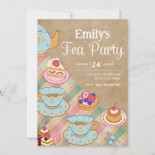 Cute Feminine Pink Blue Tea Party Birthday Invitation
