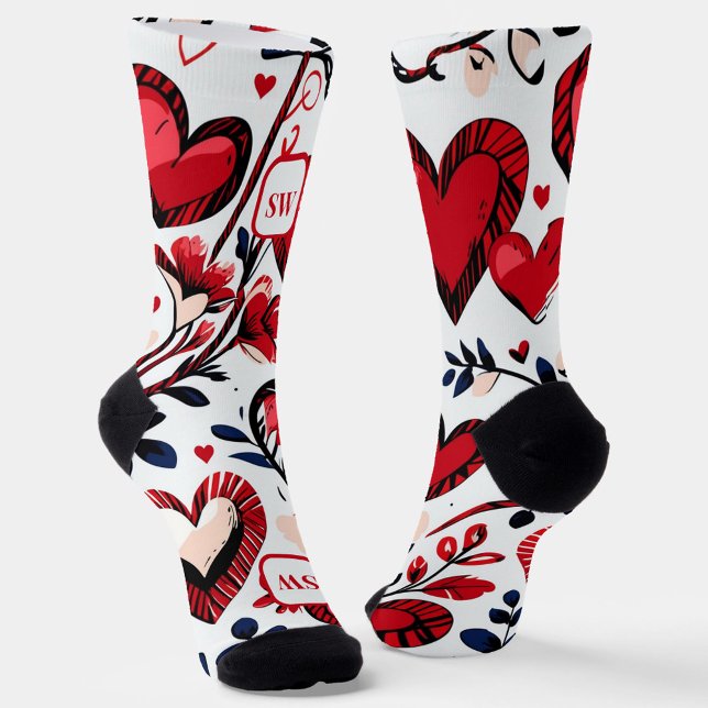 Cute feminine red hearts, floral. Monogram. Socks (Creator Uploaded)