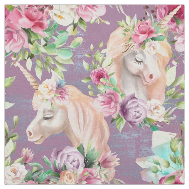 Cute Feminine White Unicorns Pink Purple Flowers Fabric (Swatch)