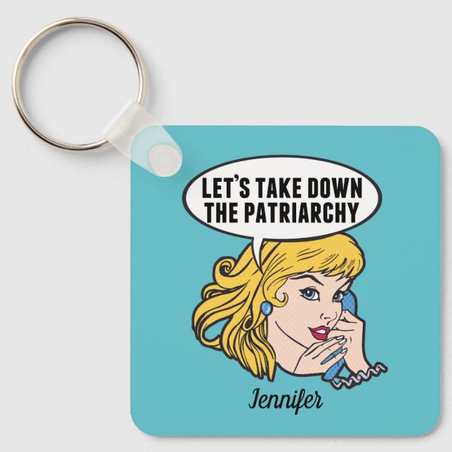 Cute Feminist Pop Art Anti Patriarchy Custom Teal Keychain (Front)